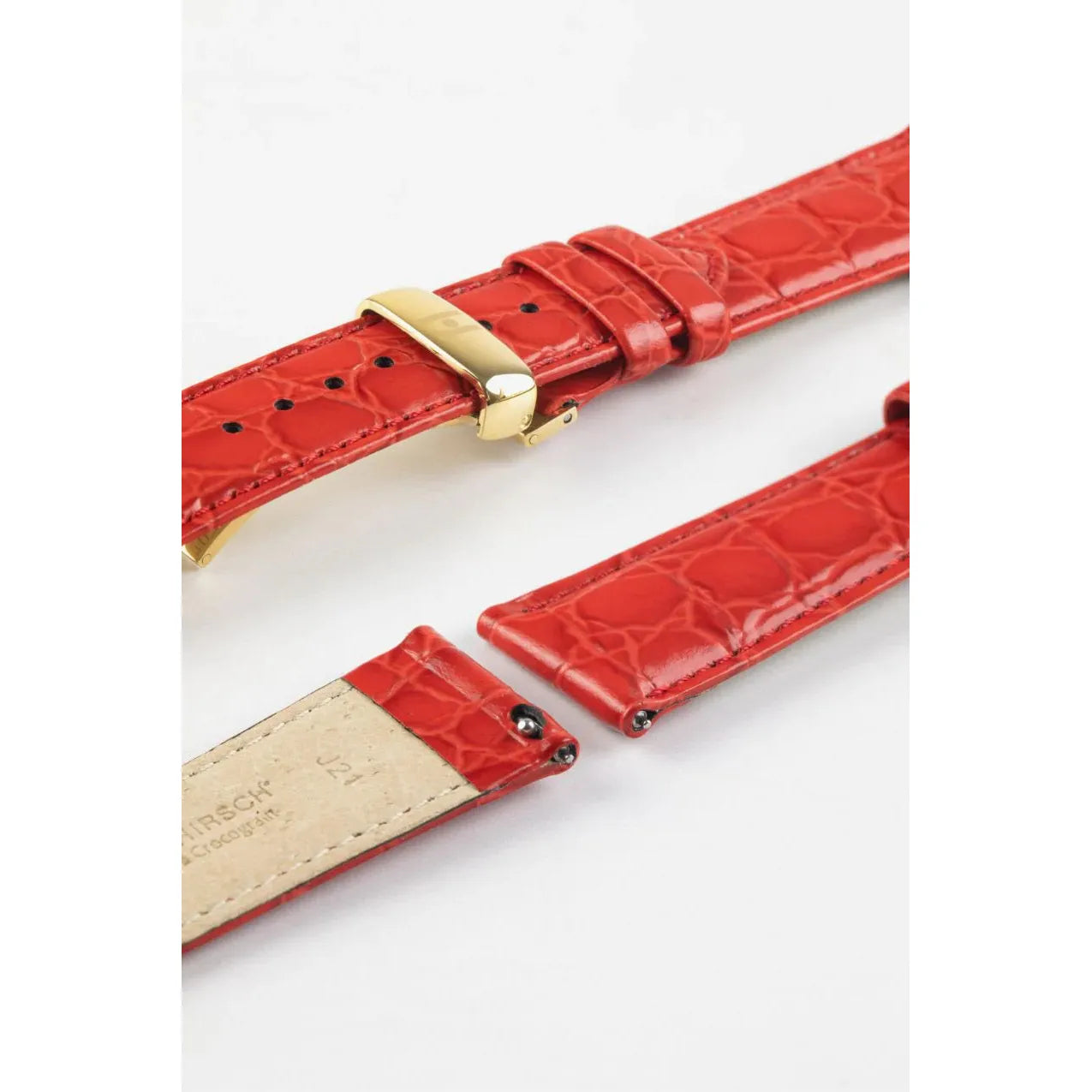 Red Ladies HIRSCH CROCOGRAIN Crocodile Embossed Shiny Calfskin Watch Strap 1230 28