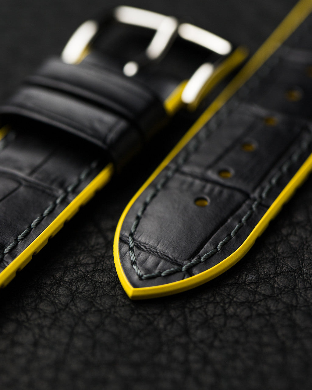 HIRSCH ANDY Performance Alligator Embossed Calfskin Watch Band 092 72 28 - Black w/Yellow