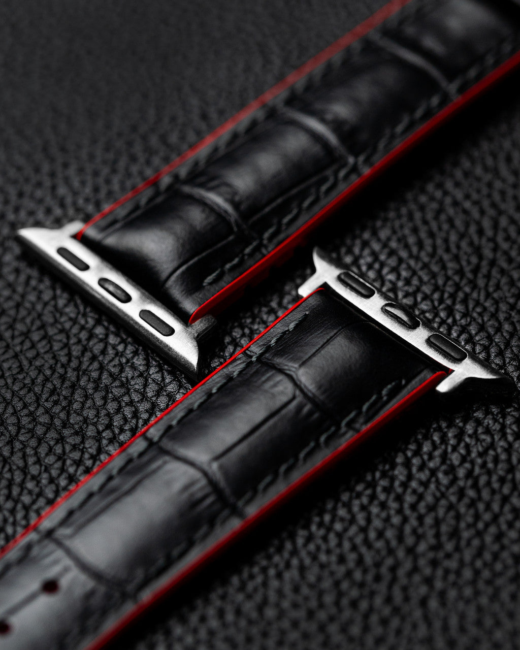 Hirsch ANDY Performance Alligator Embossed Calfskin Watch Band 28 - Black w/Red - view 6