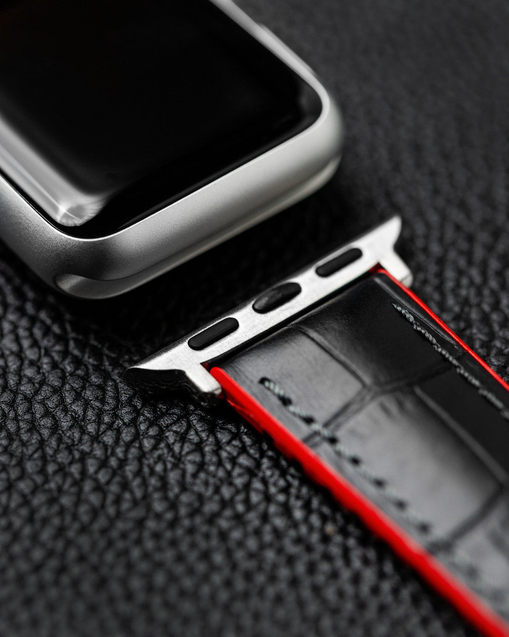 Hirsch ANDY Performance Alligator Embossed Calfskin Watch Band 28 - Black w/Red - view 4